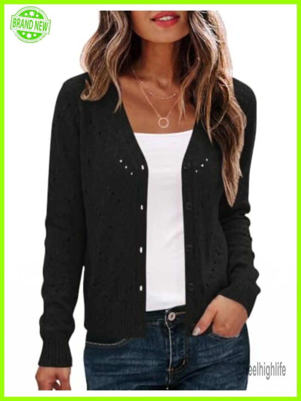 Womens Open Front Cardigan Crochet V-Neck Button Sweater Fall Layer